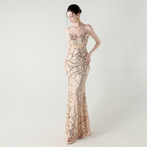 Graceful Sequin Embellished Mesh Mermaid Maxi Dress